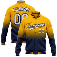 Charger l'image dans la galerie, Custom Gold White-Navy Bomber Full-Snap Varsity Letterman Fade Fashion Jacket