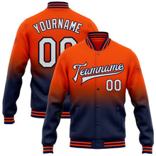 Загрузить изображение в средство просмотра галереи, Custom Orange White-Navy Bomber Full-Snap Varsity Letterman Fade Fashion Jacket