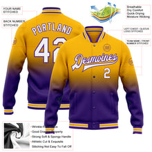 Load image into Gallery viewer, Custom Gold White-Purple Bomber Full-Snap Varsity Letterman Fade Fashion Jacket
