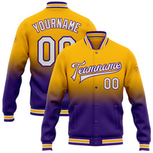 Load image into Gallery viewer, Custom Gold White-Purple Bomber Full-Snap Varsity Letterman Fade Fashion Jacket
