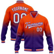 Charger l'image dans la galerie, Custom Orange White-Purple Bomber Full-Snap Varsity Letterman Fade Fashion Jacket