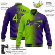 Загрузить изображение в средство просмотра галереи, Custom Purple Neon Green-Black Bomber Full-Snap Varsity Letterman Gradient Fashion Jacket
