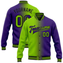 Загрузить изображение в средство просмотра галереи, Custom Purple Neon Green-Black Bomber Full-Snap Varsity Letterman Gradient Fashion Jacket