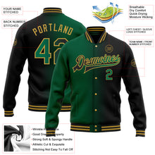 Загрузить изображение в средство просмотра галереи, Custom Black Kelly Green-Old Gold Bomber Full-Snap Varsity Letterman Gradient Fashion Jacket