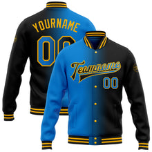 Загрузить изображение в средство просмотра галереи, Custom Black Powder Blue-Gold Bomber Full-Snap Varsity Letterman Gradient Fashion Jacket