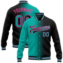 Загрузить изображение в средство просмотра галереи, Custom Black Aqua-Pink Bomber Full-Snap Varsity Letterman Gradient Fashion Jacket