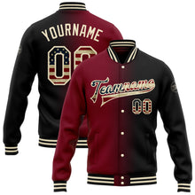 Загрузить изображение в средство просмотра галереи, Custom Black Vintage USA Flag Crimson-Cream Bomber Full-Snap Varsity Letterman Gradient Fashion Jacket