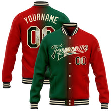 Загрузить изображение в средство просмотра галереи, Custom Red Vintage Mexican Flag Kelly Green Cream-Black Bomber Full-Snap Varsity Letterman Gradient Fashion Jacket