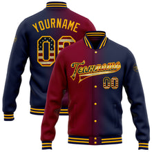 Загрузить изображение в средство просмотра галереи, Custom Navy Vintage USA Flag Maroon-Gold Bomber Full-Snap Varsity Letterman Gradient Fashion Jacket