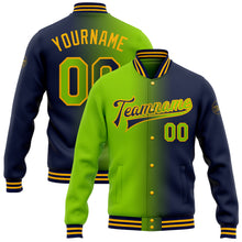 Загрузить изображение в средство просмотра галереи, Custom Navy Neon Green-Gold Bomber Full-Snap Varsity Letterman Gradient Fashion Jacket