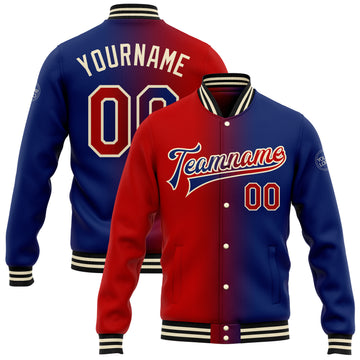 Custom Royal Red-Cream Bomber Full-Snap Varsity Letterman Gradient Fashion Jacket