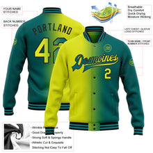 Laden Sie das Bild in den Galerie-Viewer, Custom Teal Neon Yellow-Black Bomber Full-Snap Varsity Letterman Gradient Fashion Jacket