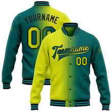Laden Sie das Bild in den Galerie-Viewer, Custom Teal Neon Yellow-Black Bomber Full-Snap Varsity Letterman Gradient Fashion Jacket