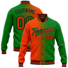 Загрузить изображение в средство просмотра галереи, Custom Grass Green Orange-Black Bomber Full-Snap Varsity Letterman Gradient Fashion Jacket