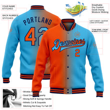 Загрузить изображение в средство просмотра галереи, Custom Sky Blue Orange-Navy Bomber Full-Snap Varsity Letterman Gradient Fashion Jacket