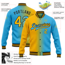 Загрузить изображение в средство просмотра галереи, Custom Sky Blue Gold-Black Bomber Full-Snap Varsity Letterman Gradient Fashion Jacket