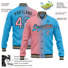 Charger l'image dans la galerie, Custom Sky Blue Medium Pink-Black Bomber Full-Snap Varsity Letterman Gradient Fashion Jacket