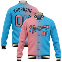 Charger l'image dans la galerie, Custom Sky Blue Medium Pink-Black Bomber Full-Snap Varsity Letterman Gradient Fashion Jacket