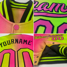 Load image into Gallery viewer, Custom Neon Yellow Medium Pink-Black Bomber Full-Snap Varsity Letterman Gradient Fashion Jacket

