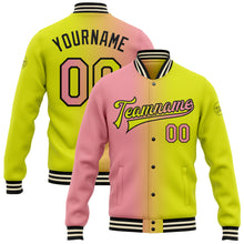Load image into Gallery viewer, Custom Neon Yellow Medium Pink-Black Bomber Full-Snap Varsity Letterman Gradient Fashion Jacket
