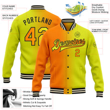 Load image into Gallery viewer, Custom Neon Yellow Bay Orange-Black Bomber Full-Snap Varsity Letterman Gradient Fashion Jacket
