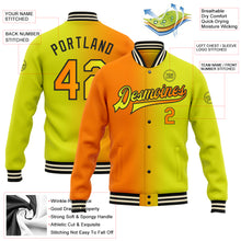 Загрузить изображение в средство просмотра галереи, Custom Neon Yellow Bay Orange-Black Bomber Full-Snap Varsity Letterman Gradient Fashion Jacket