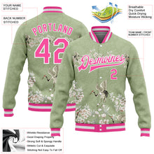 Load image into Gallery viewer, Custom Green Pink-White Flower And Crane 3D Pattern Design Bomber Full-Snap Varsity Letterman Jacket