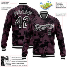 Laden Sie das Bild in den Galerie-Viewer, Custom Burgundy Black-White Plant And Flower 3D Pattern Design Bomber Full-Snap Varsity Letterman Jacket