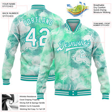 Laden Sie das Bild in den Galerie-Viewer, Custom Aqua White Halo Dying Rose 3D Pattern Design Bomber Full-Snap Varsity Letterman Jacket