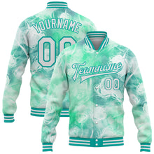 Laden Sie das Bild in den Galerie-Viewer, Custom Aqua White Halo Dying Rose 3D Pattern Design Bomber Full-Snap Varsity Letterman Jacket
