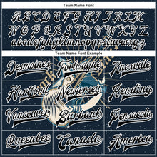 Laden Sie das Bild in den Galerie-Viewer, Custom Navy Black-White Guitar Rock Star Music Festival 3D Pattern Design Bomber Full-Snap Varsity Letterman Jacket