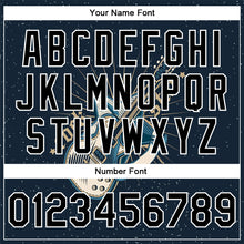 Laden Sie das Bild in den Galerie-Viewer, Custom Navy Black-White Guitar Rock Star Music Festival 3D Pattern Design Bomber Full-Snap Varsity Letterman Jacket