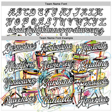 Laden Sie das Bild in den Galerie-Viewer, Custom White Black Graffiti Musical Instruments Music Festival 3D Pattern Design Bomber Full-Snap Varsity Letterman Jacket