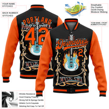 Charger l'image dans la galerie, Custom Black Orange Vintage Rock Roll Music Festival 3D Pattern Design Bomber Full-Snap Varsity Letterman Jacket
