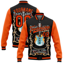 Charger l'image dans la galerie, Custom Black Orange Vintage Rock Roll Music Festival 3D Pattern Design Bomber Full-Snap Varsity Letterman Jacket