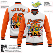 Laden Sie das Bild in den Galerie-Viewer, Custom White Orange-Black Rock Music Festival 3D Pattern Design Bomber Full-Snap Varsity Letterman Jacket
