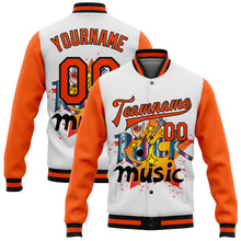 Laden Sie das Bild in den Galerie-Viewer, Custom White Orange-Black Rock Music Festival 3D Pattern Design Bomber Full-Snap Varsity Letterman Jacket