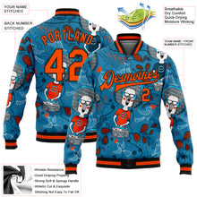 Laden Sie das Bild in den Galerie-Viewer, Custom Powder Blue Orange-Black Casual Music Festival 3D Pattern Design Bomber Full-Snap Varsity Letterman Jacket