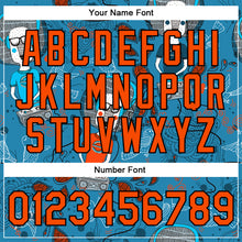 Laden Sie das Bild in den Galerie-Viewer, Custom Powder Blue Orange-Black Casual Music Festival 3D Pattern Design Bomber Full-Snap Varsity Letterman Jacket