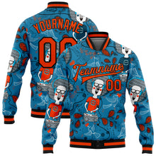 Laden Sie das Bild in den Galerie-Viewer, Custom Powder Blue Orange-Black Casual Music Festival 3D Pattern Design Bomber Full-Snap Varsity Letterman Jacket