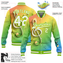 Laden Sie das Bild in den Galerie-Viewer, Custom Neon Green White Music Festival 3D Pattern Design Bomber Full-Snap Varsity Letterman Jacket