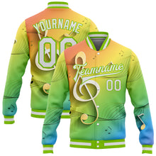 Laden Sie das Bild in den Galerie-Viewer, Custom Neon Green White Music Festival 3D Pattern Design Bomber Full-Snap Varsity Letterman Jacket