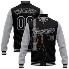 Charger l'image dans la galerie, Custom Black Gray Guitar Music Festival 3D Pattern Design Bomber Full-Snap Varsity Letterman Jacket