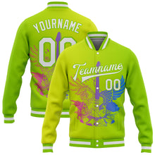 Laden Sie das Bild in den Galerie-Viewer, Custom Neon Green White-Neon Yellow Guitar Rock Roll Music Festival 3D Pattern Design Bomber Full-Snap Varsity Letterman Gradient Fashion Jacket