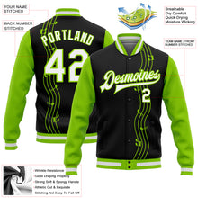 Laden Sie das Bild in den Galerie-Viewer, Custom Black White-Neon Green Music Festival 3D Pattern Design Bomber Full-Snap Varsity Letterman Jacket