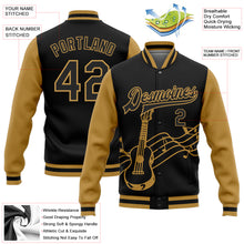 Charger l'image dans la galerie, Custom Black Old Gold Guitar Music Festival 3D Pattern Design Bomber Full-Snap Varsity Letterman Jacket