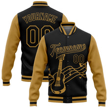 Charger l'image dans la galerie, Custom Black Old Gold Guitar Music Festival 3D Pattern Design Bomber Full-Snap Varsity Letterman Jacket