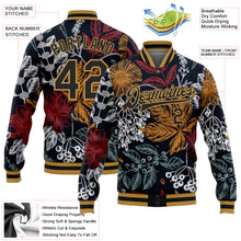 Charger l'image dans la galerie, Custom Black Old Gold Flowers And Branches 3D Pattern Design Bomber Full-Snap Varsity Letterman Jacket