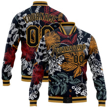 Charger l'image dans la galerie, Custom Black Old Gold Flowers And Branches 3D Pattern Design Bomber Full-Snap Varsity Letterman Jacket