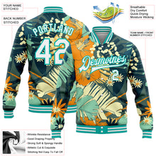 Laden Sie das Bild in den Galerie-Viewer, Custom Navy White-Aqua Flowers 3D Pattern Design Bomber Full-Snap Varsity Letterman Jacket